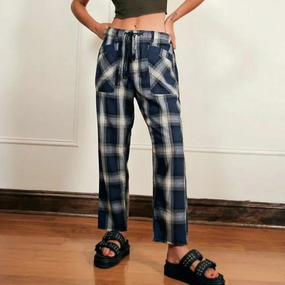Free People Women's City Slouch Gray Plaid Cotton Pants Size 2